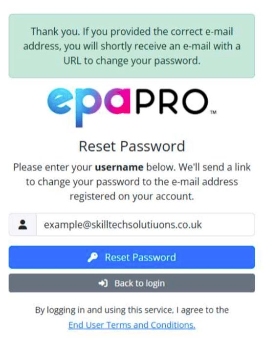 epaPRO Password - Email Reset Screen