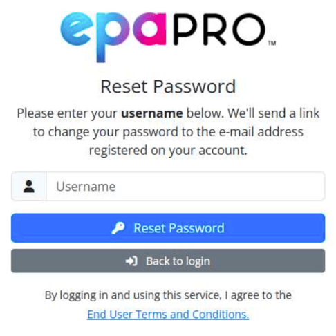 epaPRO Password - Username Reset Screen
