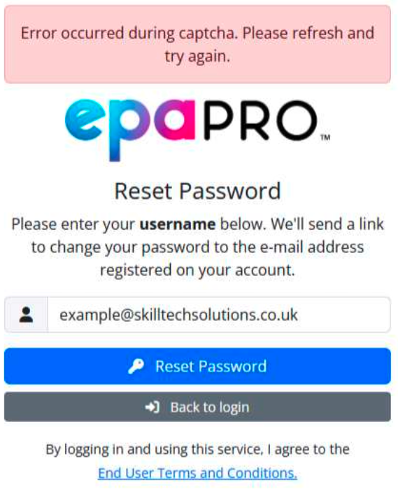 epaPRO Password - captcha Reset Screen