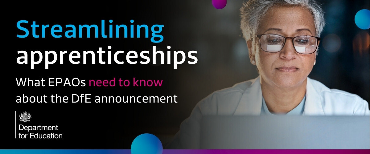 A middled aged woman looking at a laptop in the dark with the Streamlining apprenticeships by her left left side